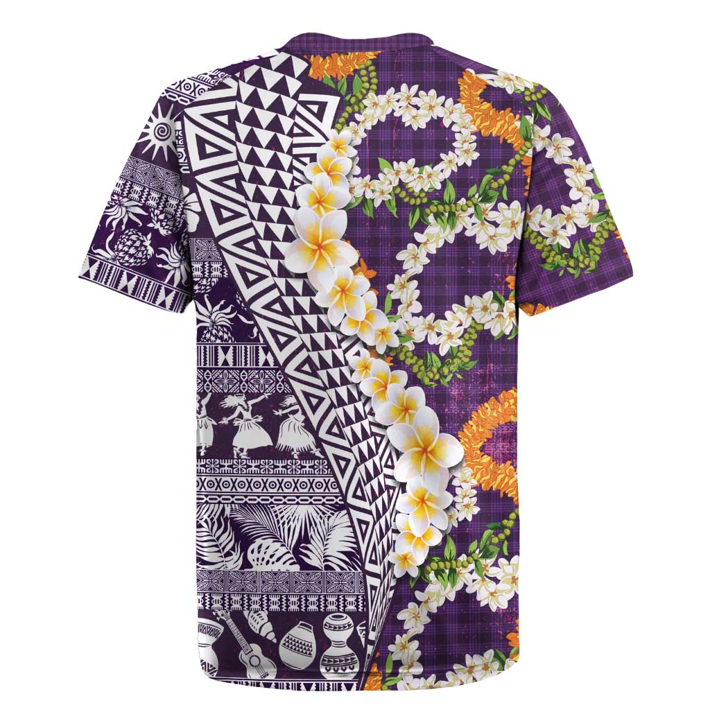 Hawaiian Plumeria Lei Rugby Jersey Kakau Motifs and Palaka Half Style Purple Color LT03 - Polynesian Pride