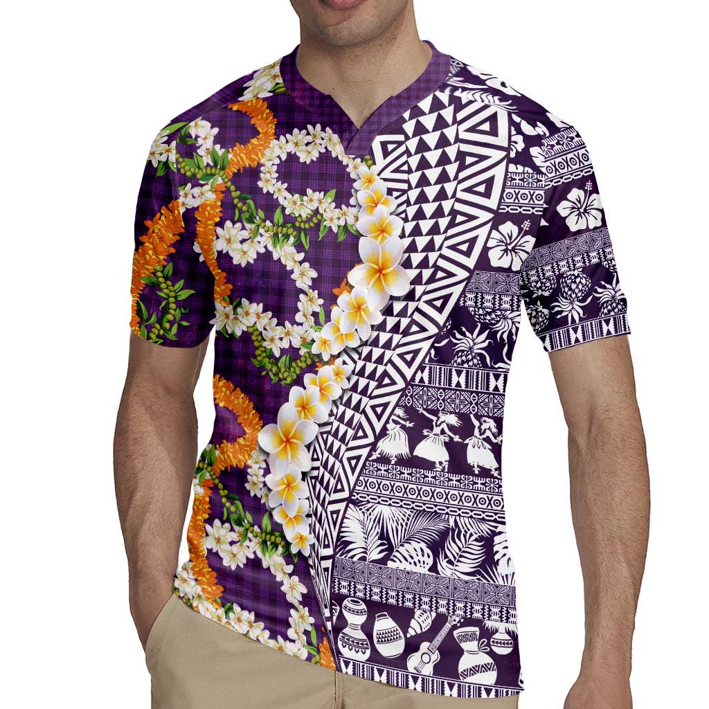 Hawaiian Plumeria Lei Rugby Jersey Kakau Motifs and Palaka Half Style Purple Color LT03 - Polynesian Pride