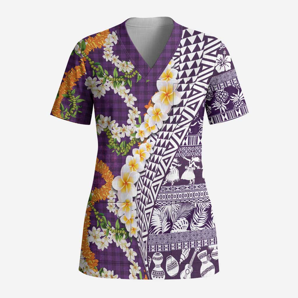 Hawaiian Plumeria Lei Scrub Top Kakau Motifs and Palaka Half Style Purple Color LT03 Adult Purple - Polynesian Pride