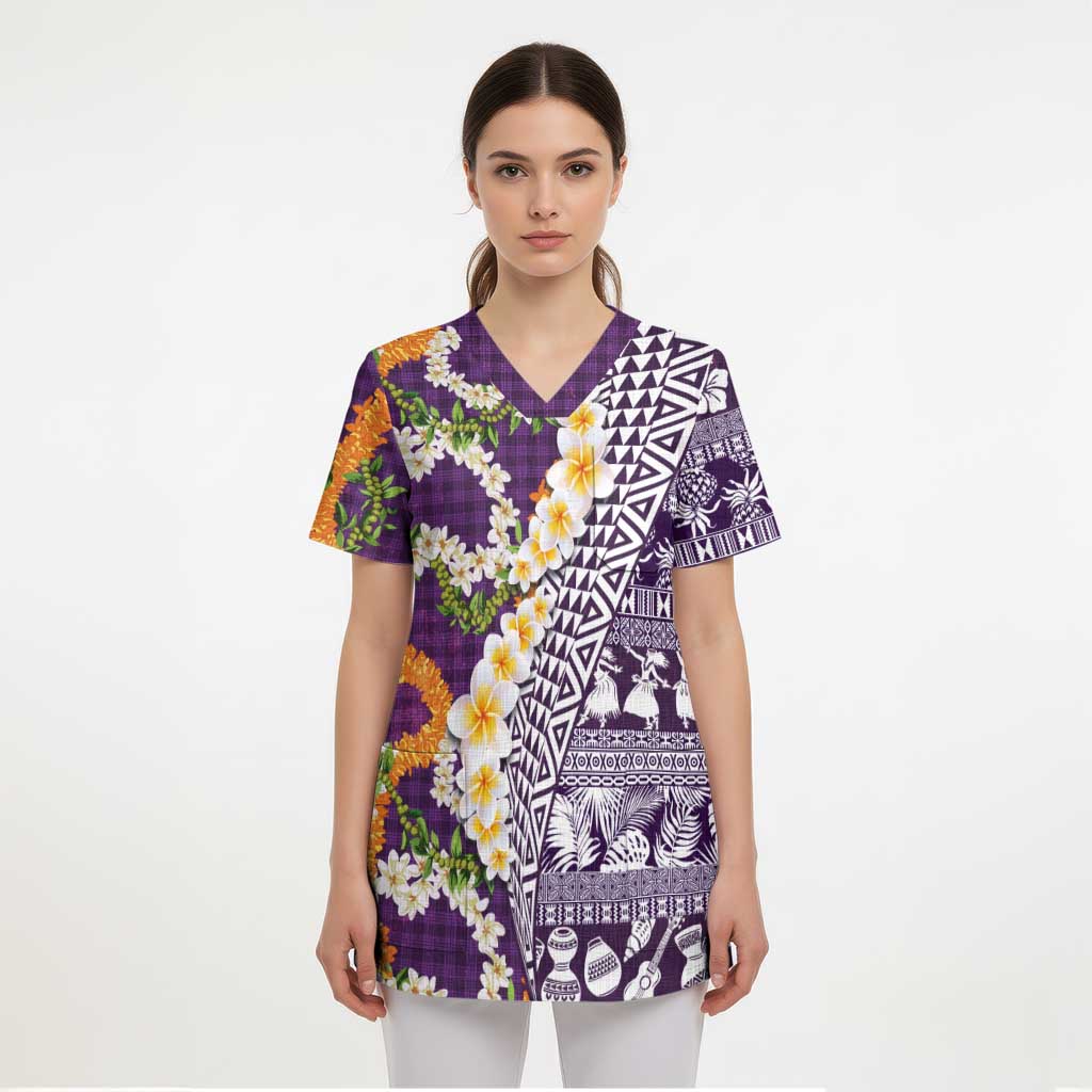Hawaiian Plumeria Lei Scrub Top Kakau Motifs and Palaka Half Style Purple Color LT03 - Polynesian Pride