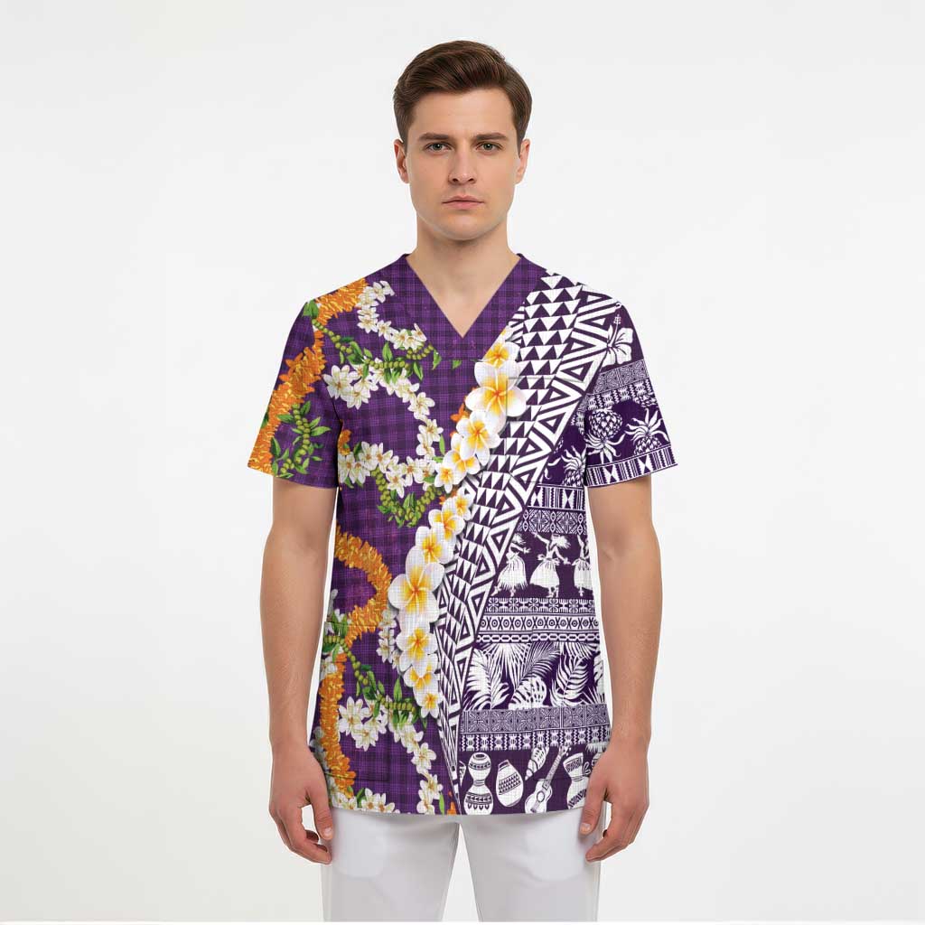 Hawaiian Plumeria Lei Scrub Top Kakau Motifs and Palaka Half Style Purple Color LT03 - Polynesian Pride