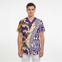 Hawaiian Plumeria Lei Scrub Top Kakau Motifs and Palaka Half Style Purple Color LT03 - Polynesian Pride