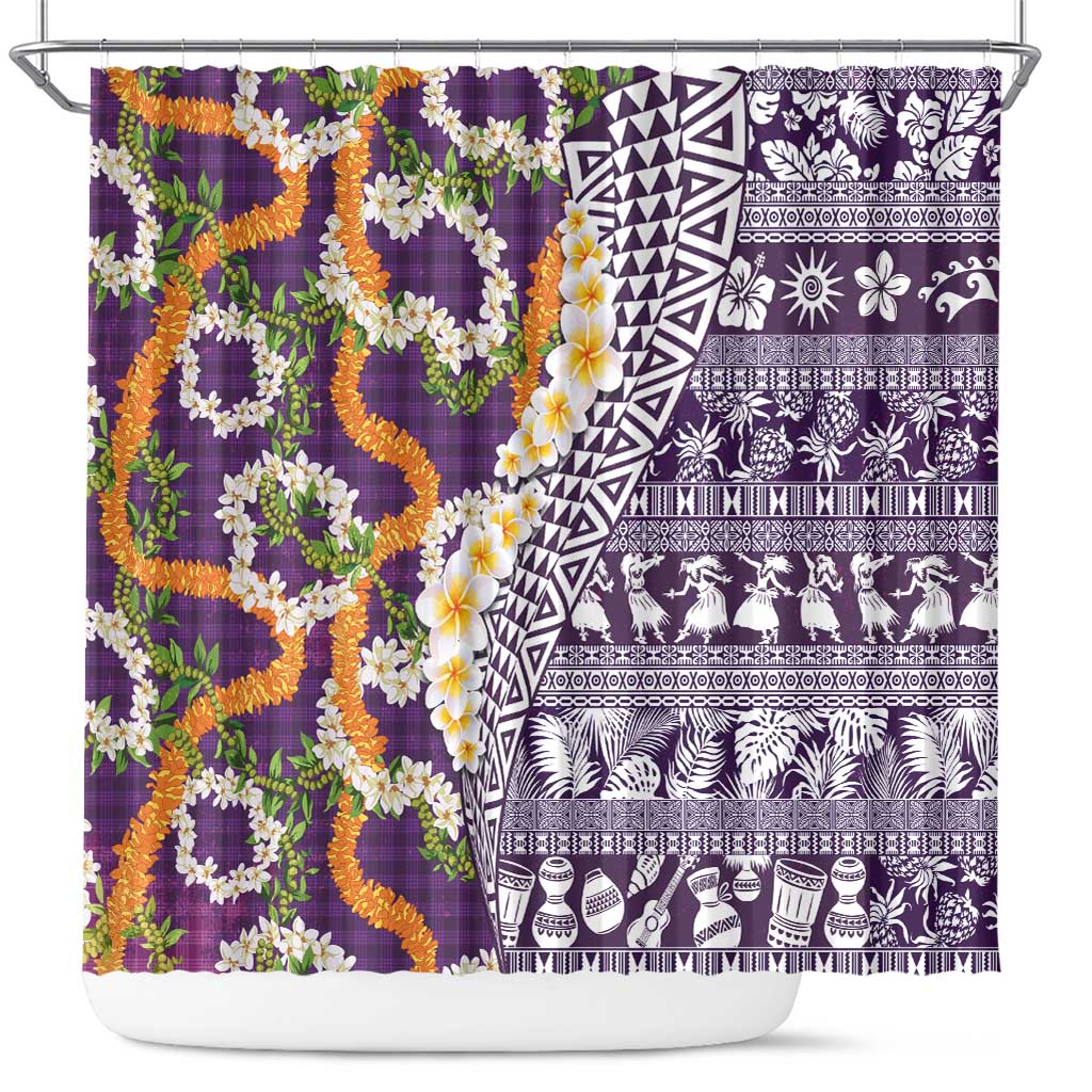 Hawaiian Plumeria Lei Shower Curtain Kakau Motifs and Palaka Half Style Purple Color LT03 Purple - Polynesian Pride