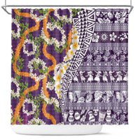 Hawaiian Plumeria Lei Shower Curtain Kakau Motifs and Palaka Half Style Purple Color LT03 Purple - Polynesian Pride