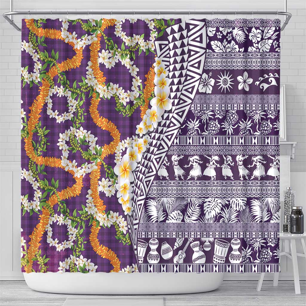 Hawaiian Plumeria Lei Shower Curtain Kakau Motifs and Palaka Half Style Purple Color LT03 - Polynesian Pride