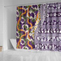 Hawaiian Plumeria Lei Shower Curtain Kakau Motifs and Palaka Half Style Purple Color LT03 - Polynesian Pride