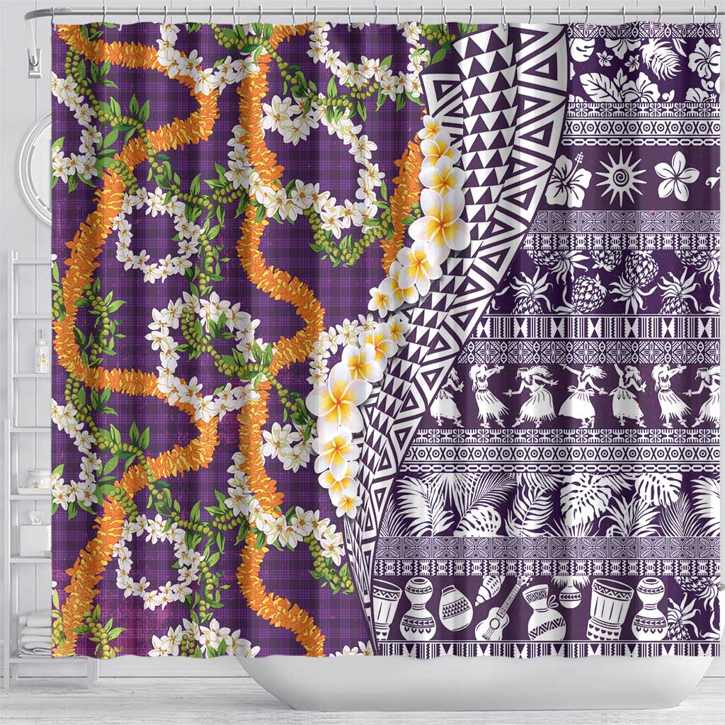 Hawaiian Plumeria Lei Shower Curtain Kakau Motifs and Palaka Half Style Purple Color LT03 - Polynesian Pride