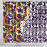 Hawaiian Plumeria Lei Shower Curtain Kakau Motifs and Palaka Half Style Purple Color LT03 - Polynesian Pride