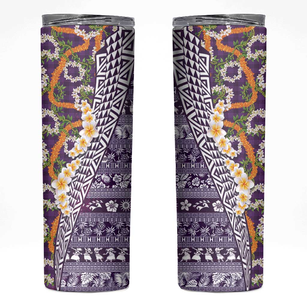 Hawaiian Plumeria Lei Skinny Tumbler Kakau Motifs and Palaka Half Style Purple Color LT03 Purple - Polynesian Pride