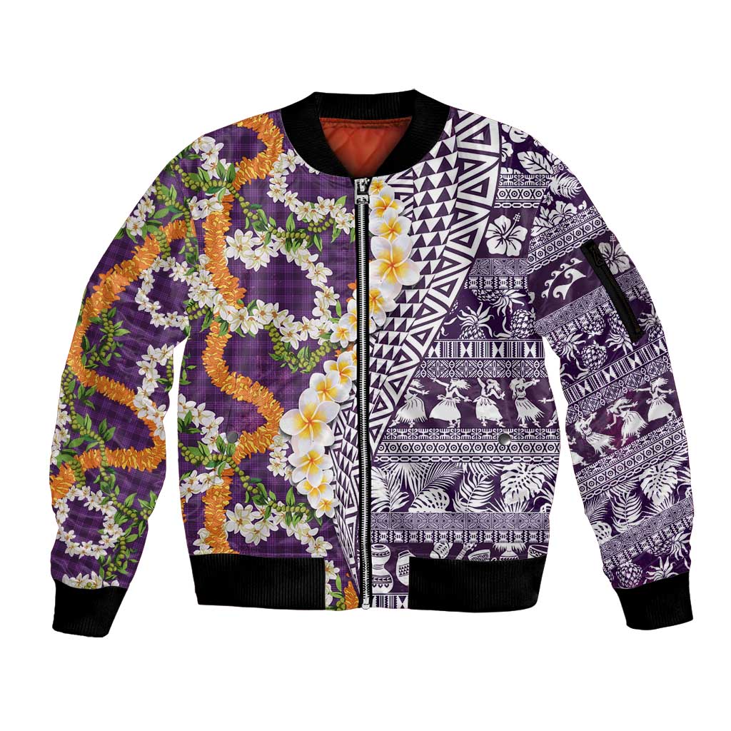 Hawaiian Plumeria Lei Sleeve Zip Bomber Jacket Kakau Motifs and Palaka Half Style Purple Color LT03 Unisex Purple - Polynesian Pride