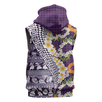 Hawaiian Plumeria Lei Sleeveless Zip Hoodie Kakau Motifs and Palaka Half Style Purple Color LT03 - Polynesian Pride