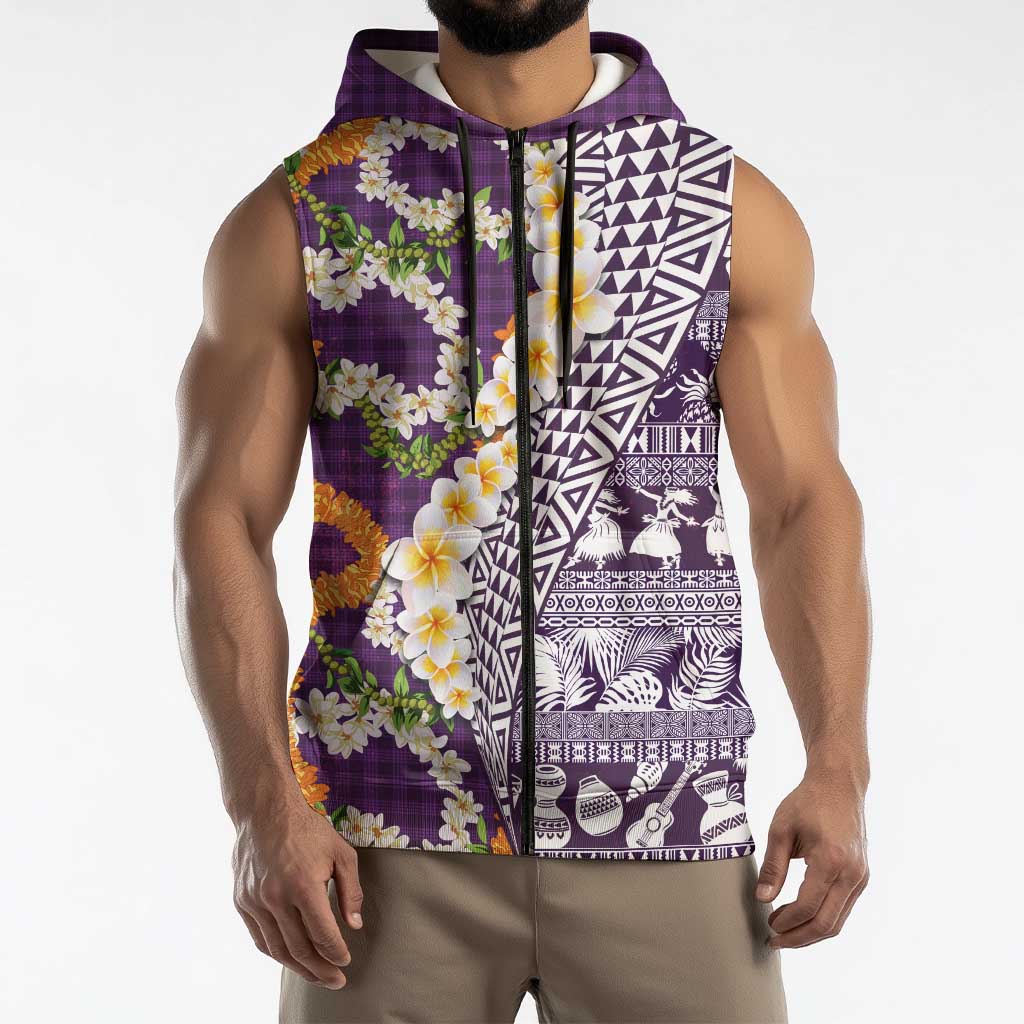 Hawaiian Plumeria Lei Sleeveless Zip Hoodie Kakau Motifs and Palaka Half Style Purple Color LT03 - Polynesian Pride