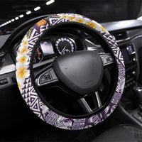 Hawaiian Plumeria Lei Steering Wheel Cover Kakau Motifs and Palaka Half Style Purple Color LT03 Universal Fit Purple - Polynesian Pride