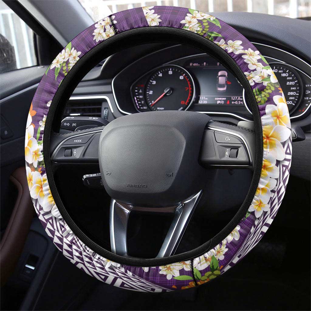 Hawaiian Plumeria Lei Steering Wheel Cover Kakau Motifs and Palaka Half Style Purple Color LT03 - Polynesian Pride