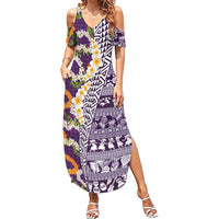 Hawaiian Plumeria Lei Summer Maxi Dress Kakau Motifs and Palaka Half Style Purple Color LT03 Women Purple - Polynesian Pride