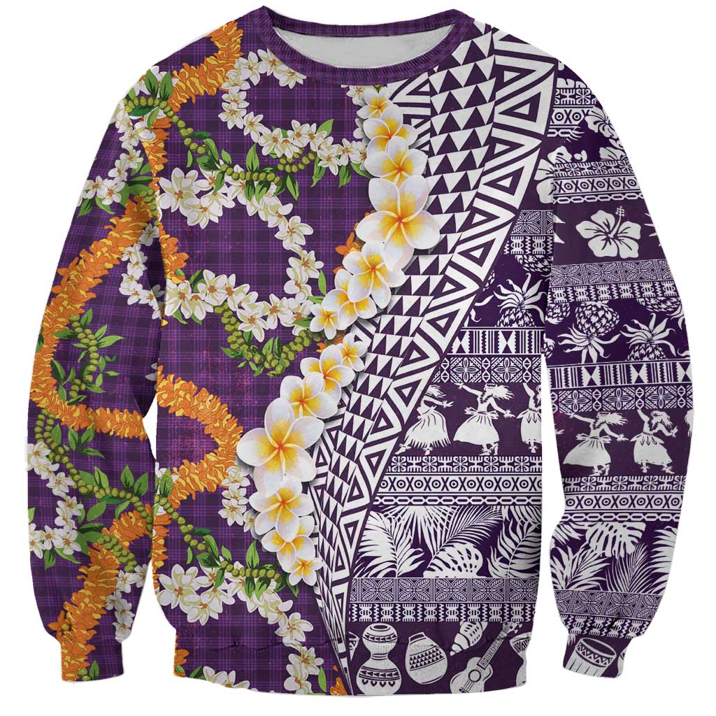 Hawaiian Plumeria Lei Sweatshirt Kakau Motifs and Palaka Half Style Purple Color LT03 Unisex Purple - Polynesian Pride
