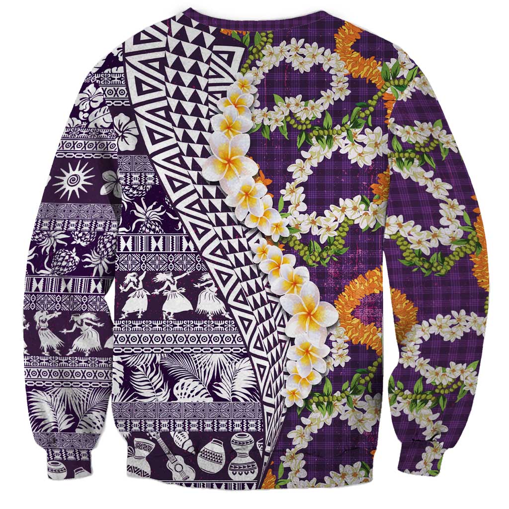 Hawaiian Plumeria Lei Sweatshirt Kakau Motifs and Palaka Half Style Purple Color LT03 - Polynesian Pride