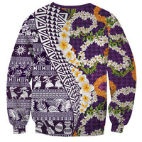 Hawaiian Plumeria Lei Sweatshirt Kakau Motifs and Palaka Half Style Purple Color LT03 - Polynesian Pride