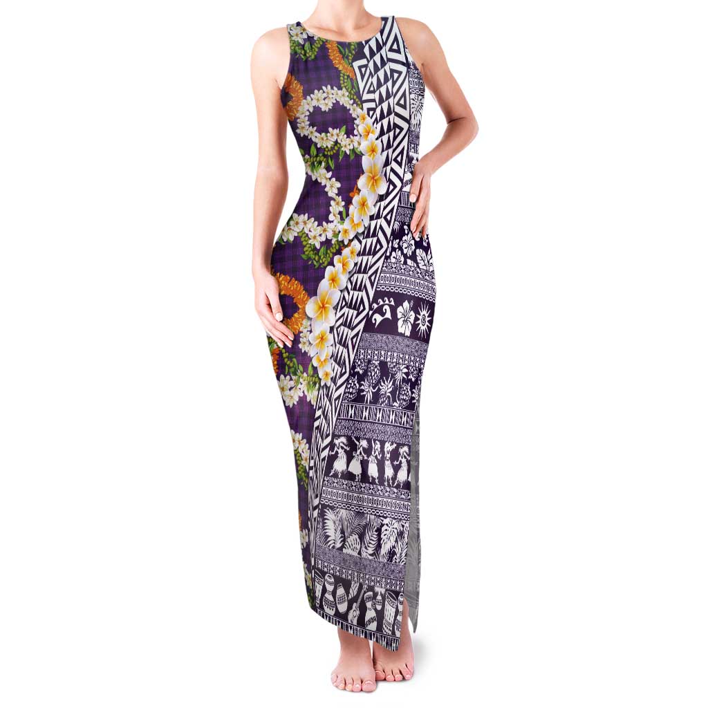 Hawaiian Plumeria Lei Tank Maxi Dress Kakau Motifs and Palaka Half Style Purple Color LT03 Women Purple - Polynesian Pride