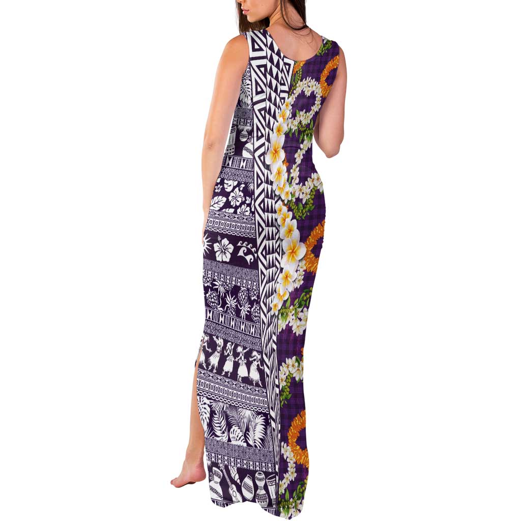 Hawaiian Plumeria Lei Tank Maxi Dress Kakau Motifs and Palaka Half Style Purple Color LT03 - Polynesian Pride