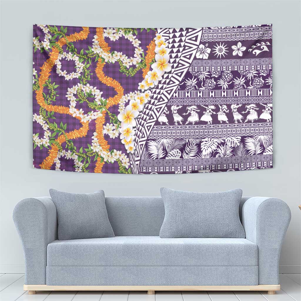 Hawaiian Plumeria Lei Tapestry Kakau Motifs and Palaka Half Style Purple Color LT03 - Polynesian Pride