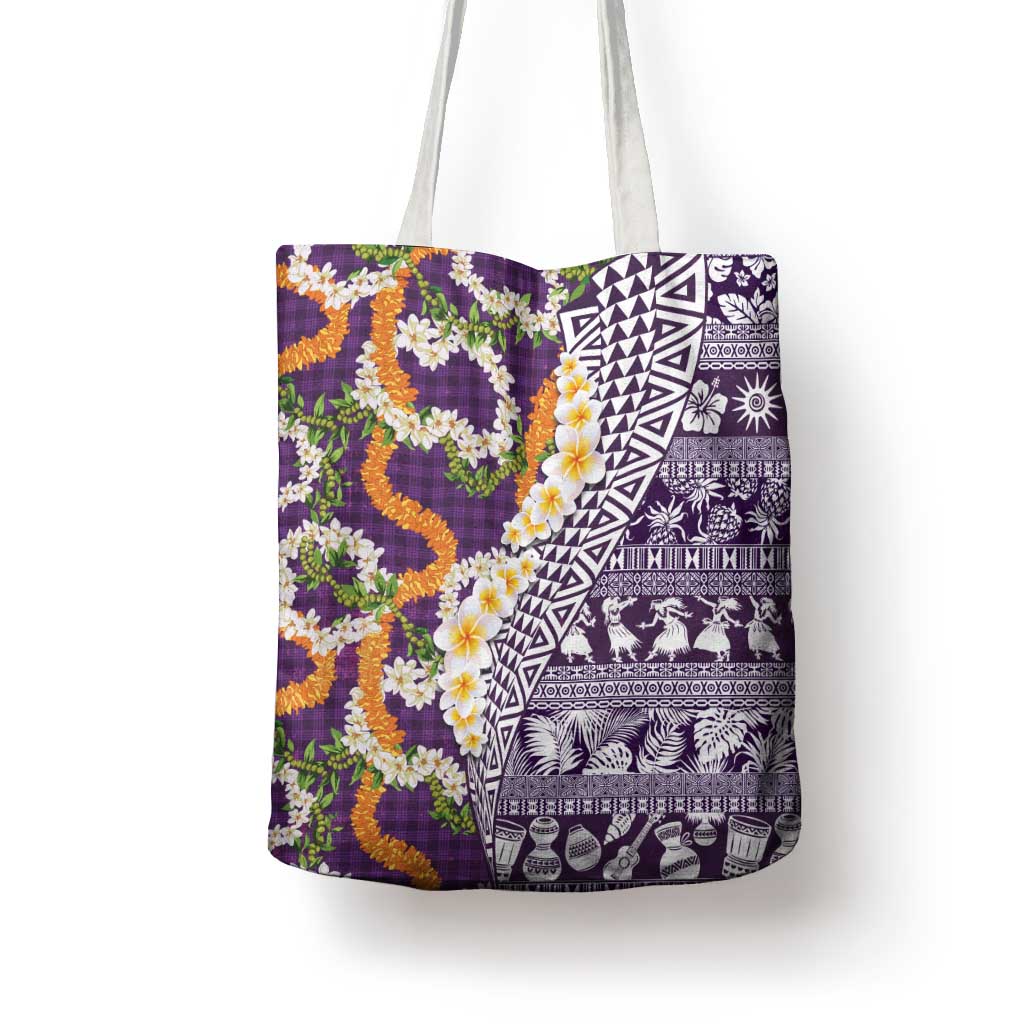 Hawaiian Plumeria Lei Tote Bag Kakau Motifs and Palaka Half Style Purple Color LT03 - Polynesian Pride