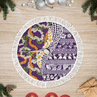Hawaiian Plumeria Lei Tree Skirt Kakau Motifs and Palaka Half Style Purple Color LT03 Fringed Purple - Polynesian Pride