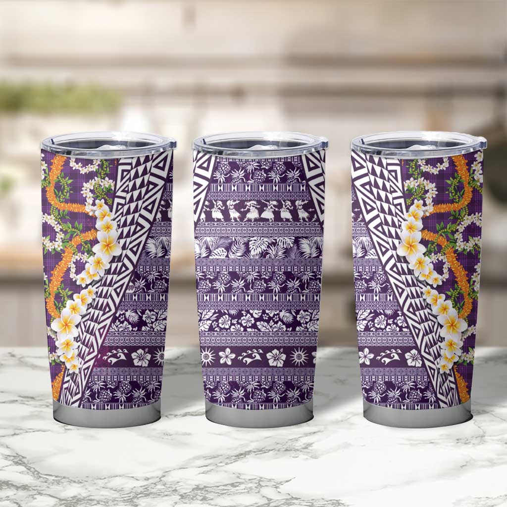 Hawaiian Plumeria Lei Tumbler Cup Kakau Motifs and Palaka Half Style Purple Color LT03 - Polynesian Pride