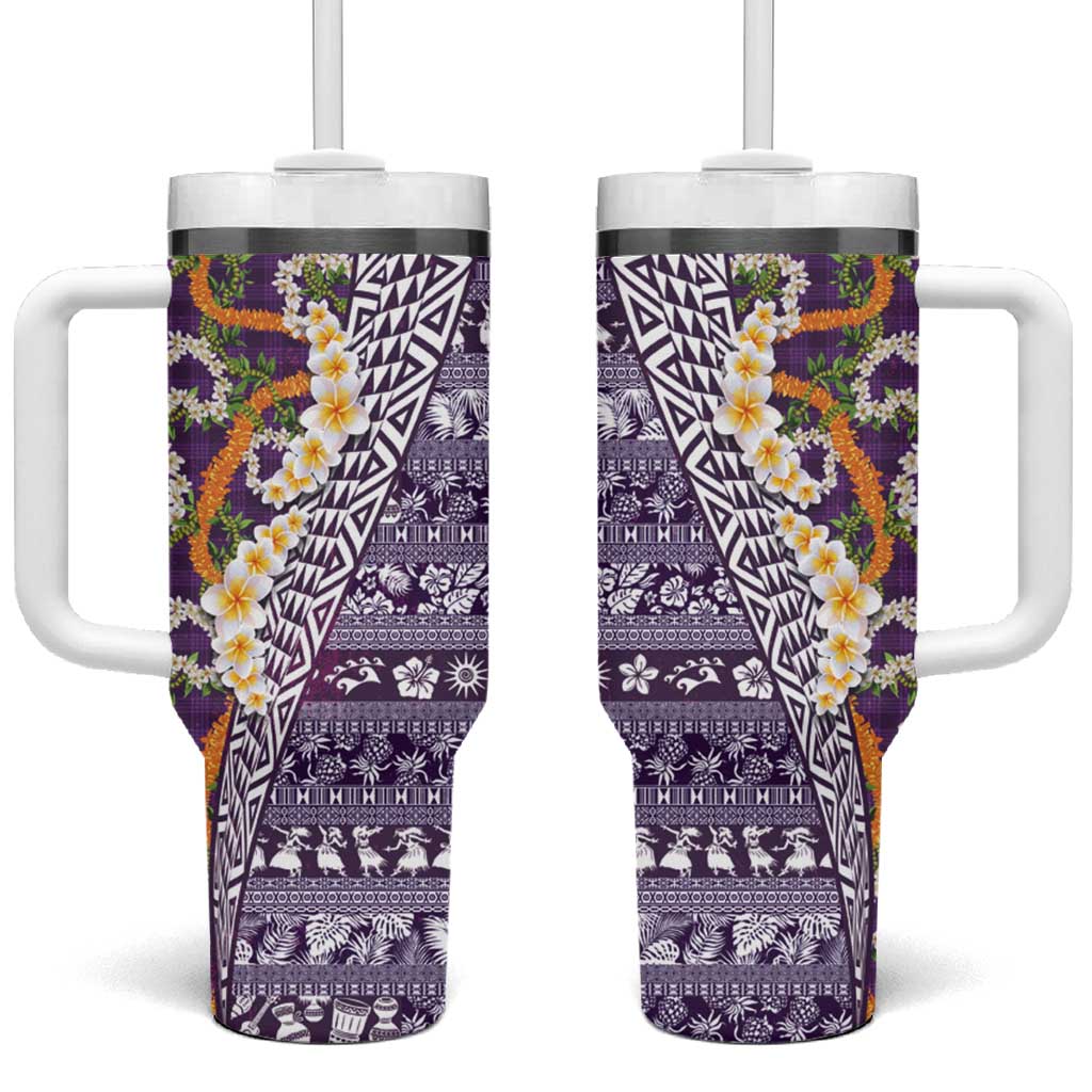 Hawaiian Plumeria Lei Tumbler With Handle Kakau Motifs and Palaka Half Style Purple Color LT03 One Size: 40 oz Purple - Polynesian Pride