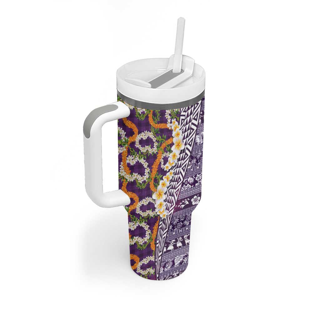Hawaiian Plumeria Lei Tumbler With Handle Kakau Motifs and Palaka Half Style Purple Color LT03 - Polynesian Pride