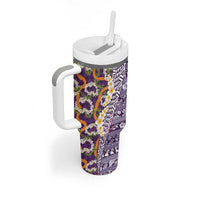 Hawaiian Plumeria Lei Tumbler With Handle Kakau Motifs and Palaka Half Style Purple Color LT03 - Polynesian Pride