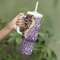 Hawaiian Plumeria Lei Tumbler With Handle Kakau Motifs and Palaka Half Style Purple Color LT03 - Polynesian Pride