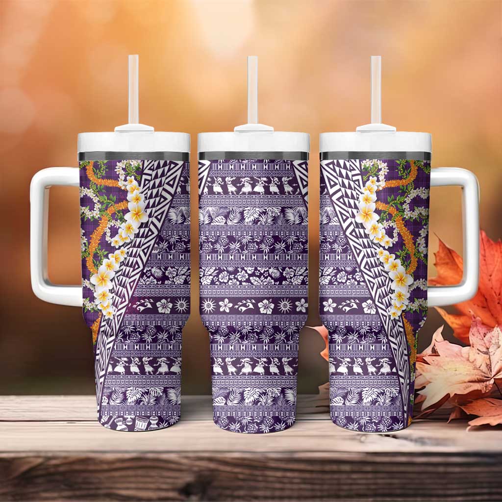 Hawaiian Plumeria Lei Tumbler With Handle Kakau Motifs and Palaka Half Style Purple Color LT03 - Polynesian Pride