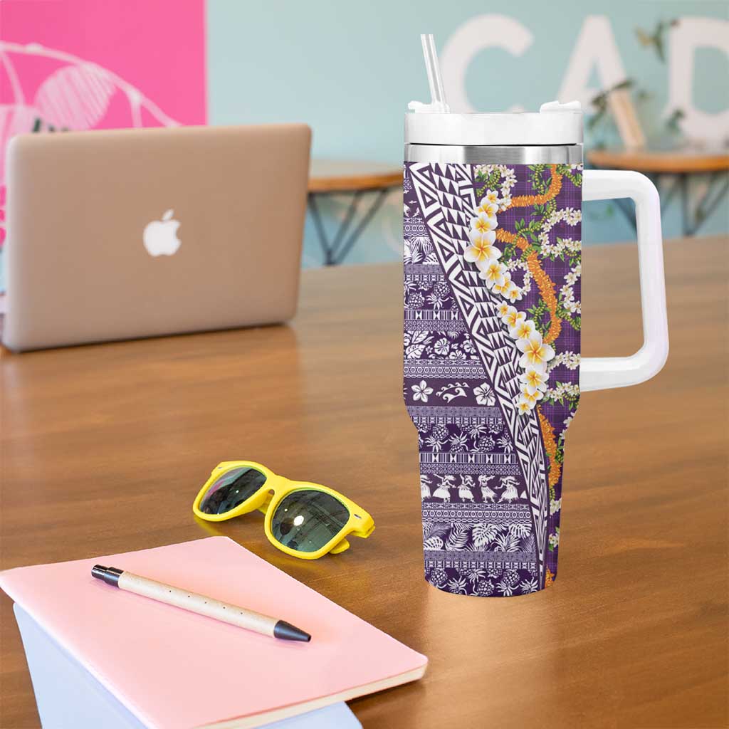 Hawaiian Plumeria Lei Tumbler With Handle Kakau Motifs and Palaka Half Style Purple Color LT03 - Polynesian Pride