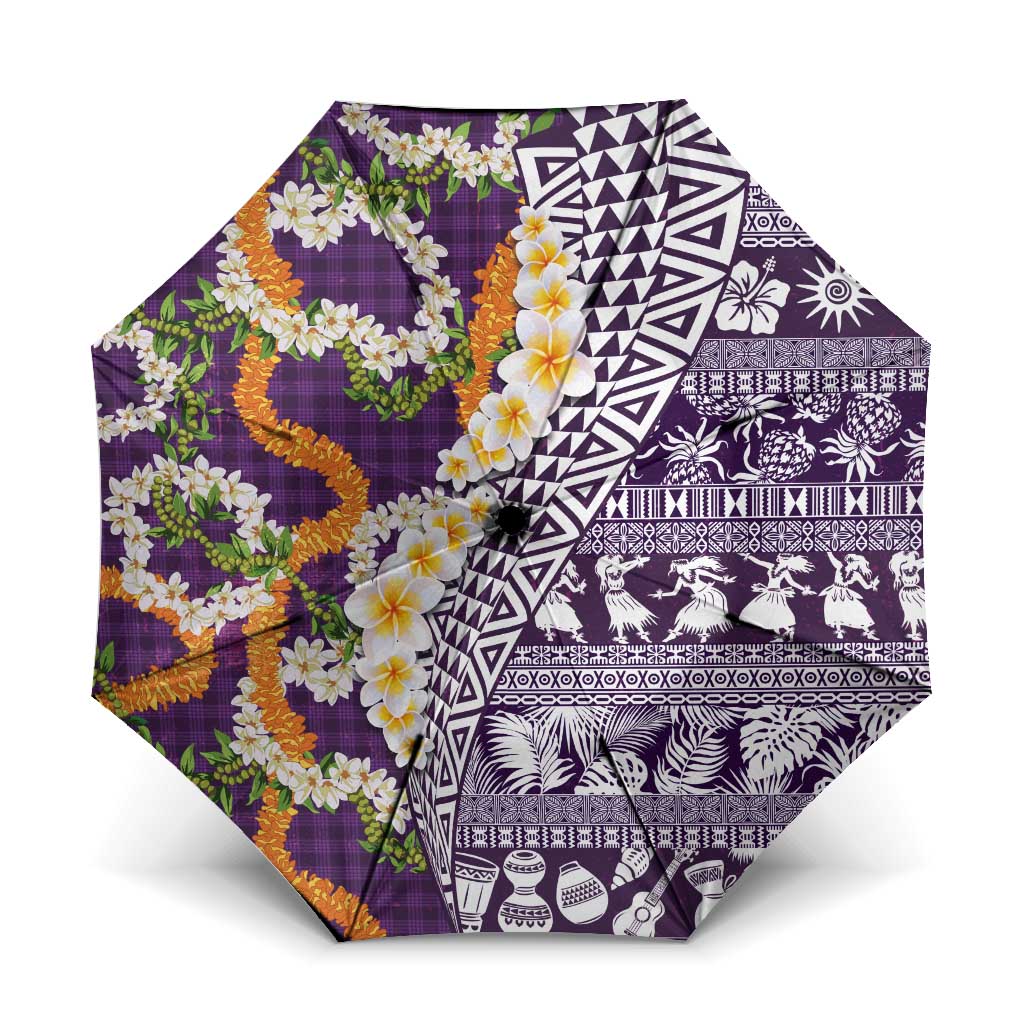 Hawaiian Plumeria Lei Umbrella Kakau Motifs and Palaka Half Style Purple Color LT03 One Size Folded 11.42 inch Opened Diameter 37.4 inch Purple - Polynesian Pride