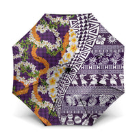 Hawaiian Plumeria Lei Umbrella Kakau Motifs and Palaka Half Style Purple Color LT03 One Size Folded 11.42 inch Opened Diameter 37.4 inch Purple - Polynesian Pride