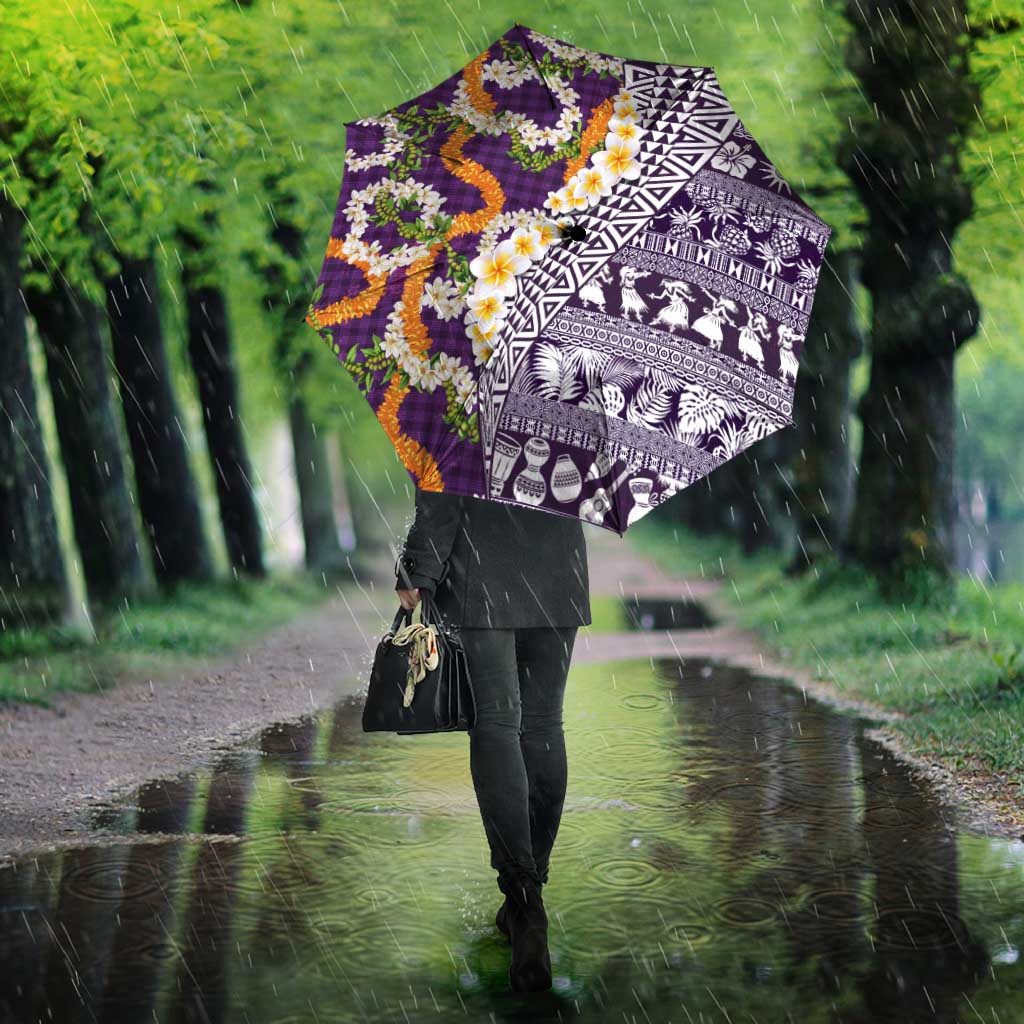 Hawaiian Plumeria Lei Umbrella Kakau Motifs and Palaka Half Style Purple Color LT03 - Polynesian Pride
