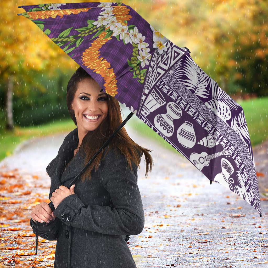 Hawaiian Plumeria Lei Umbrella Kakau Motifs and Palaka Half Style Purple Color LT03 - Polynesian Pride