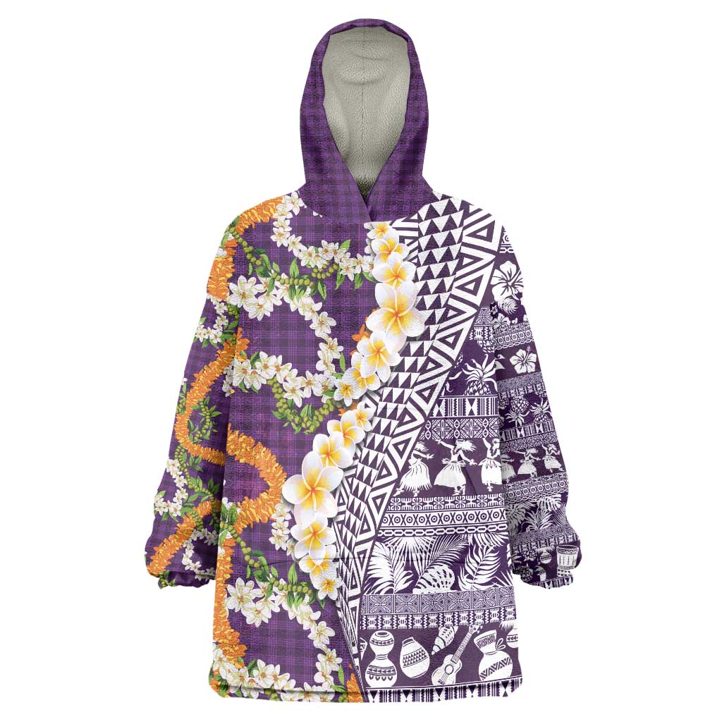 Hawaiian Plumeria Lei Wearable Blanket Hoodie Kakau Motifs and Palaka Half Style Purple Color LT03 One Size Purple - Polynesian Pride