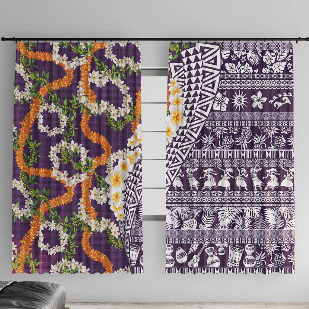 Hawaiian Plumeria Lei Window Curtain Kakau Motifs and Palaka Half Style Purple Color LT03 With Hooks Purple - Polynesian Pride