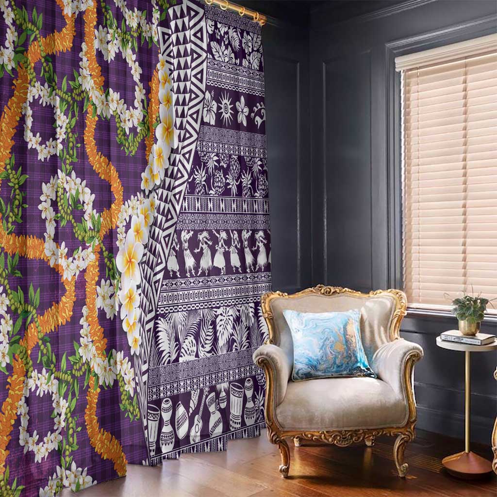 Hawaiian Plumeria Lei Window Curtain Kakau Motifs and Palaka Half Style Purple Color LT03 - Polynesian Pride