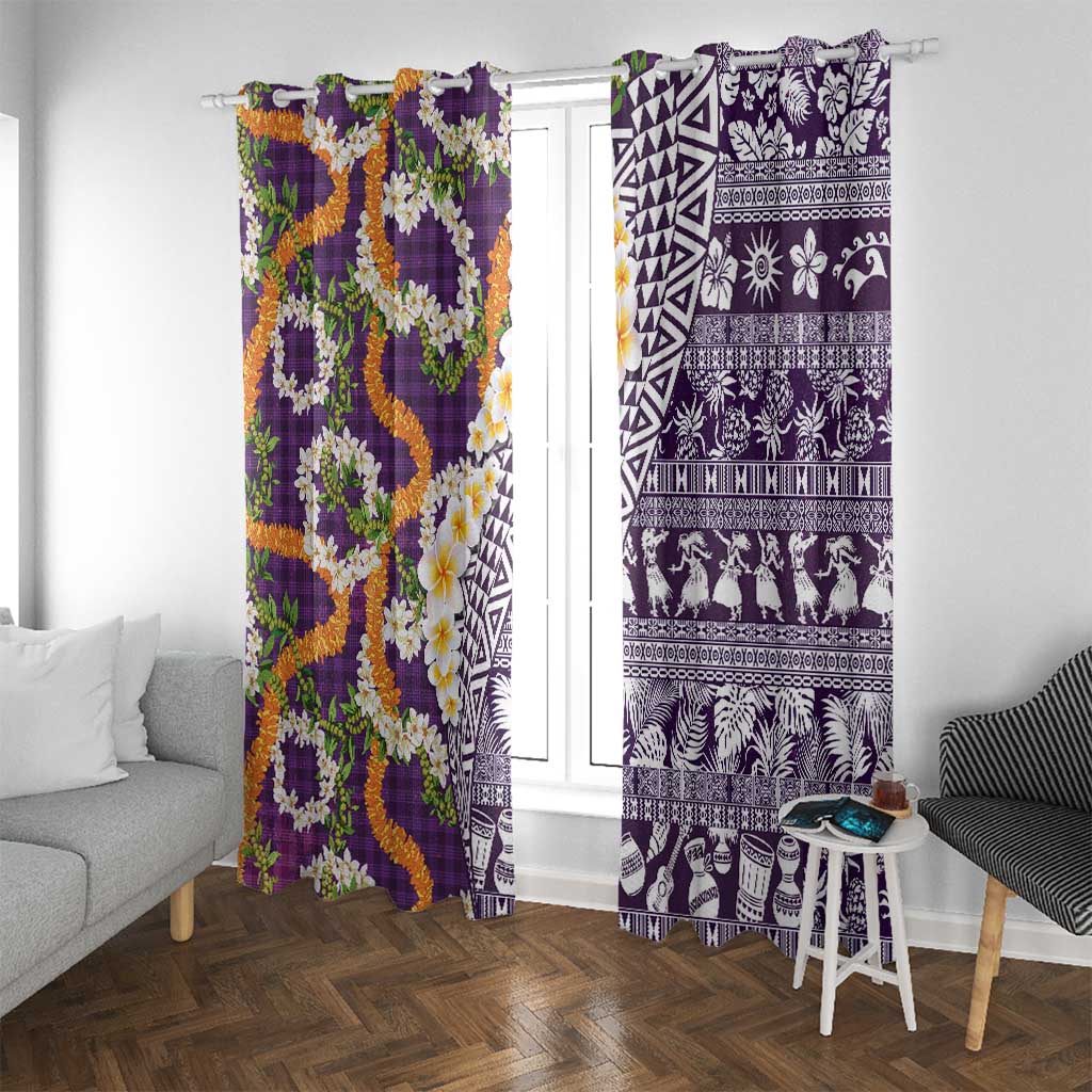 Hawaiian Plumeria Lei Window Curtain Kakau Motifs and Palaka Half Style Purple Color LT03 With Grommets Purple - Polynesian Pride