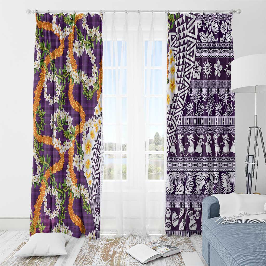 Hawaiian Plumeria Lei Window Curtain Kakau Motifs and Palaka Half Style Purple Color LT03 - Polynesian Pride