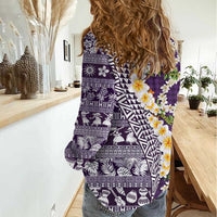 Hawaiian Plumeria Lei Women Casual Shirt Kakau Motifs and Palaka Half Style Purple Color LT03 - Polynesian Pride