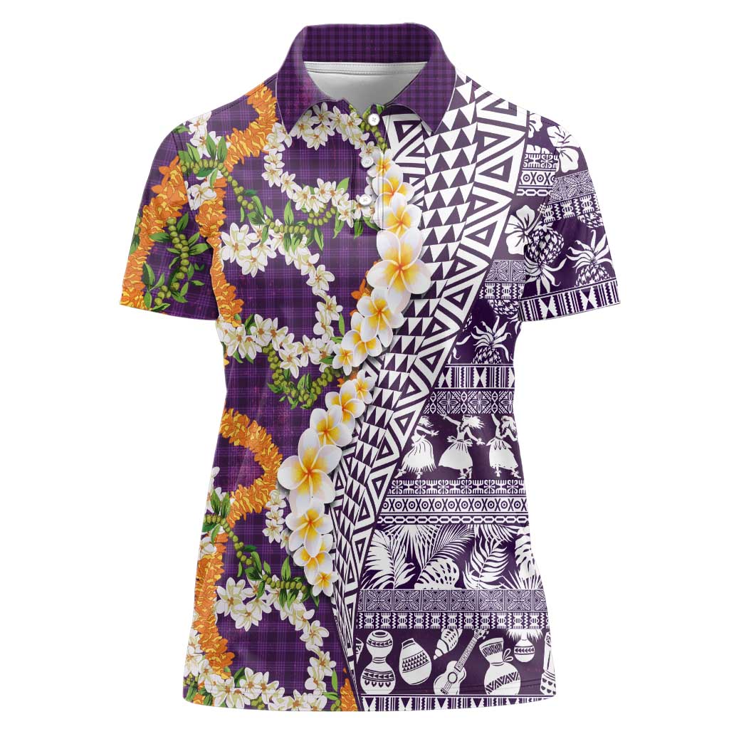Hawaiian Plumeria Lei Women Polo Shirt Kakau Motifs and Palaka Half Style Purple Color - Polynesian Pride