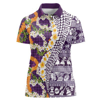 Hawaiian Plumeria Lei Women Polo Shirt Kakau Motifs and Palaka Half Style Purple Color LT03 Female Purple - Polynesian Pride