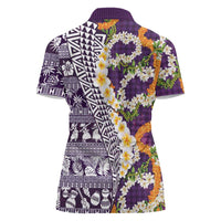 Hawaiian Plumeria Lei Women Polo Shirt Kakau Motifs and Palaka Half Style Purple Color LT03 - Polynesian Pride