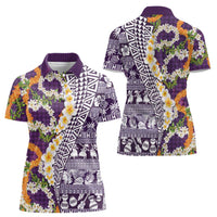 Hawaiian Plumeria Lei Women Polo Shirt Kakau Motifs and Palaka Half Style Purple Color LT03 - Polynesian Pride