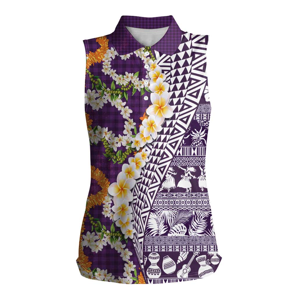 Hawaiian Plumeria Lei Women Sleeveless Polo Shirt Kakau Motifs and Palaka Half Style Purple Color LT03 Female Purple - Polynesian Pride