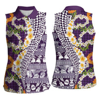Hawaiian Plumeria Lei Women Sleeveless Polo Shirt Kakau Motifs and Palaka Half Style Purple Color LT03 - Polynesian Pride